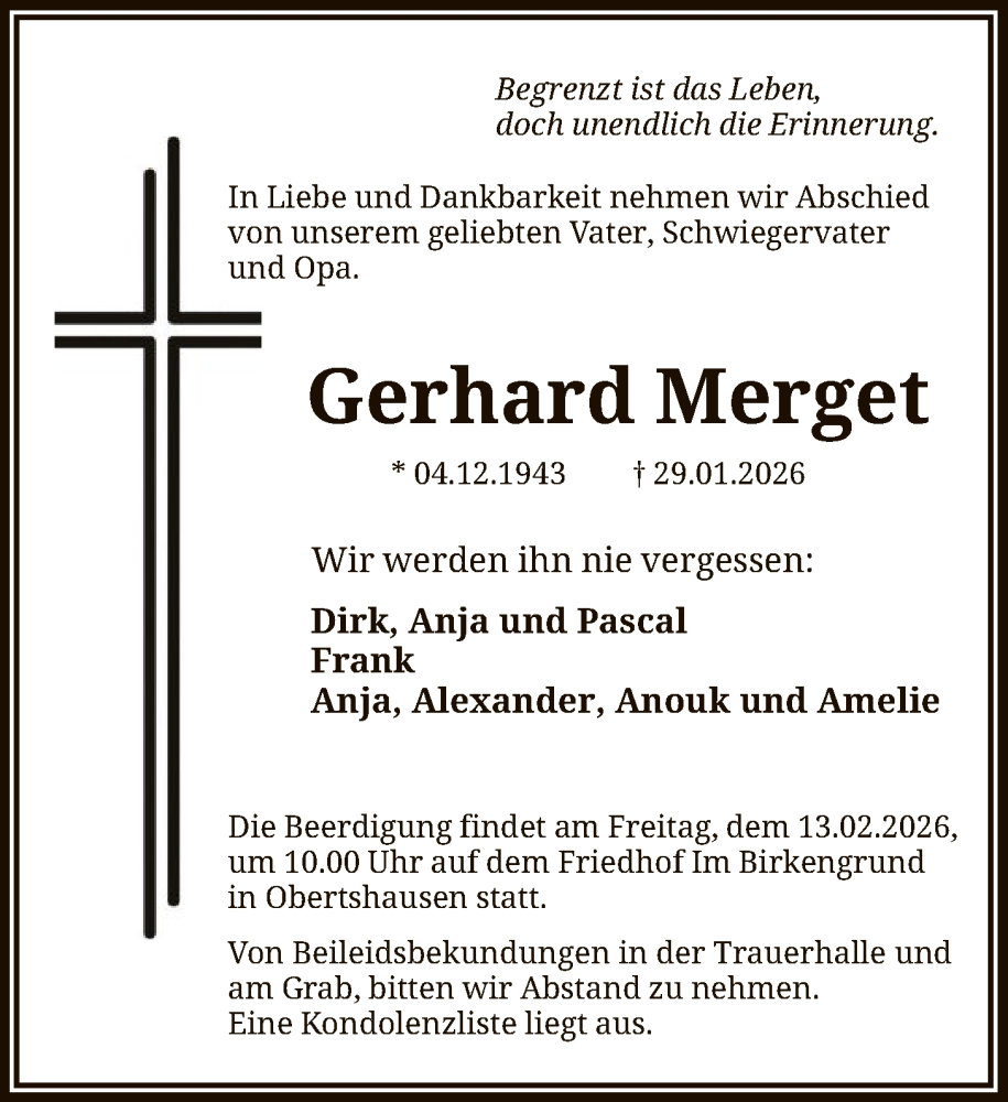  Traueranzeige für Gerhard Merget vom 07.02.2026 aus OFOP