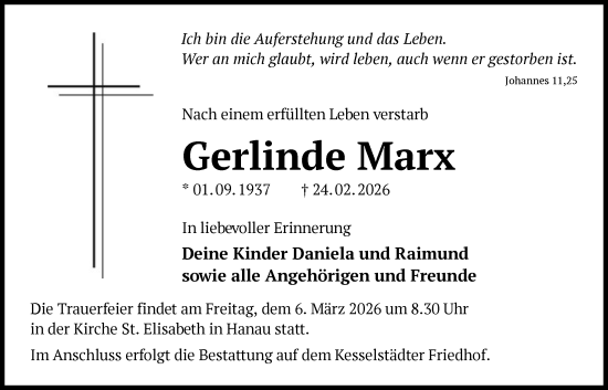 Traueranzeige von Gerlinde Marx von OFHA