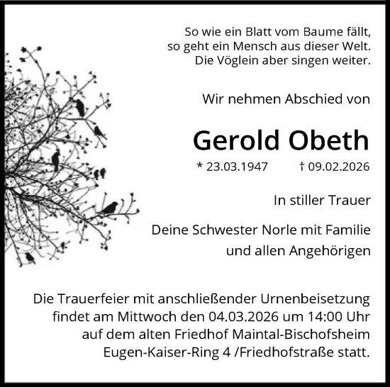 Traueranzeige von Gerold Obeth von FNP
