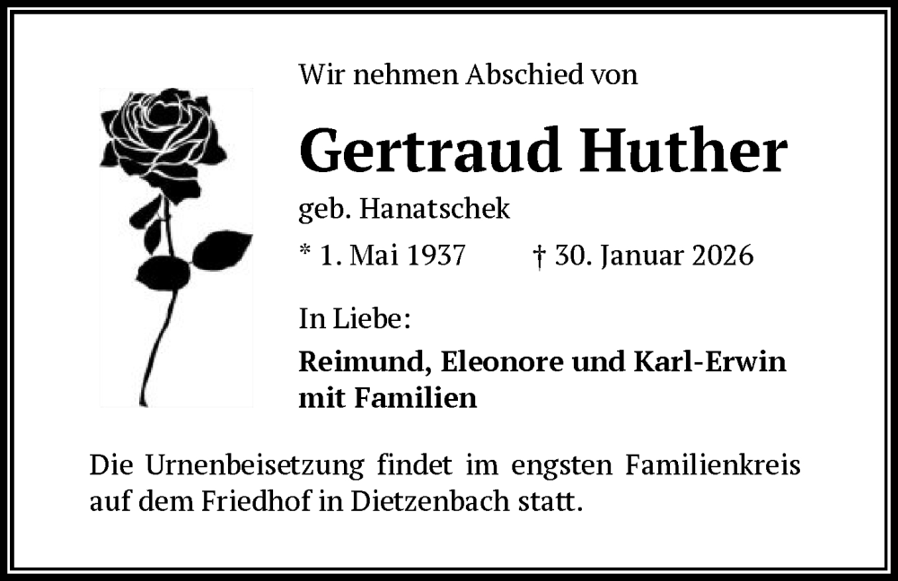  Traueranzeige für Gertraud Huther vom 07.02.2026 aus OF0L