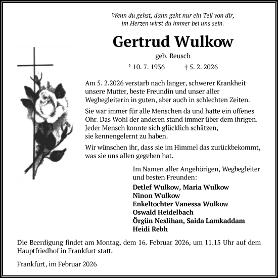Traueranzeige von Gertrud Wulkow von FNP