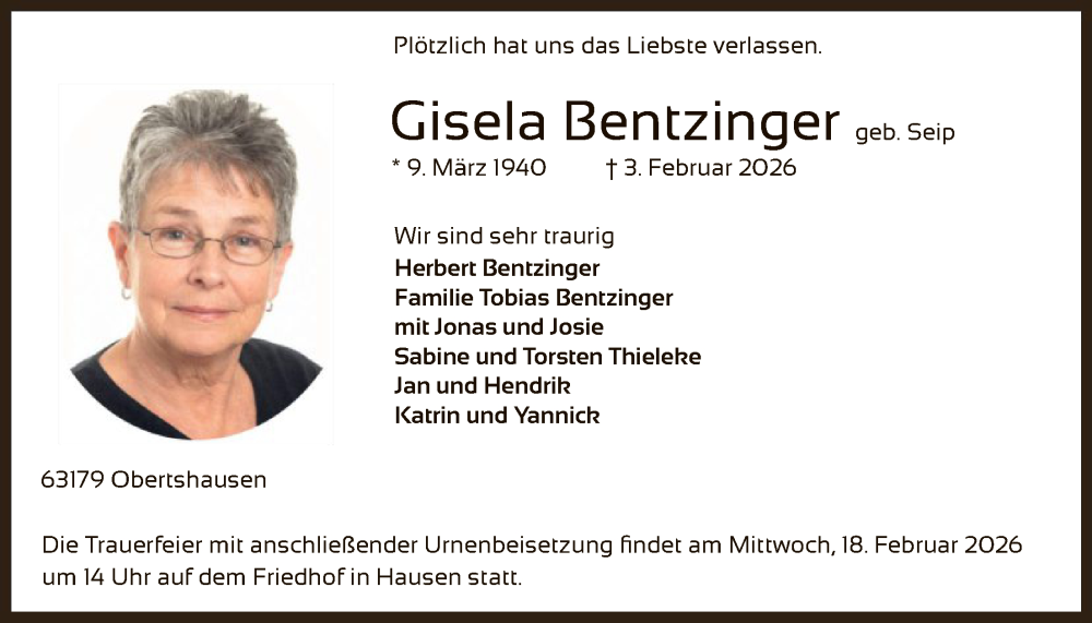  Traueranzeige für Gisela Bentzinger vom 14.02.2026 aus OFOP
