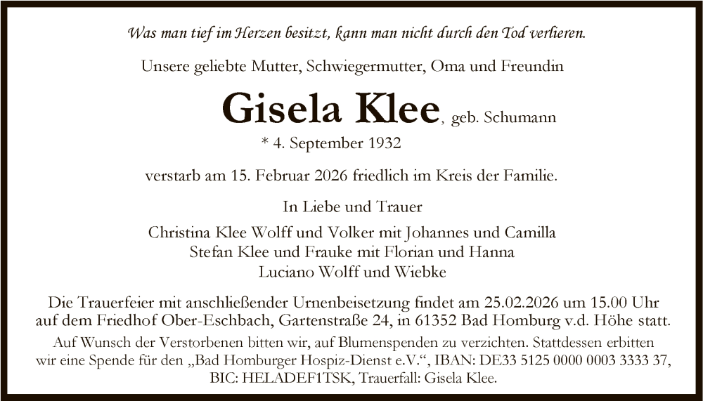  Traueranzeige für Gisela Klee vom 21.02.2026 aus FNP