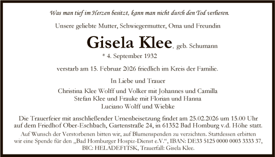 Traueranzeige von Gisela Klee von FNP