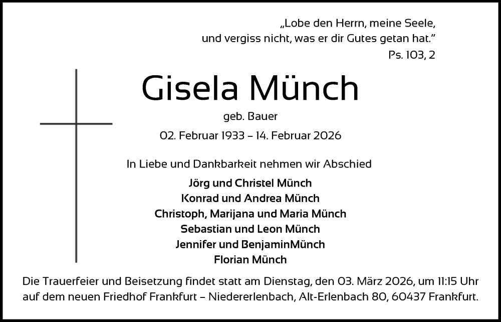  Traueranzeige für Gisela Münch vom 21.02.2026 aus FNP