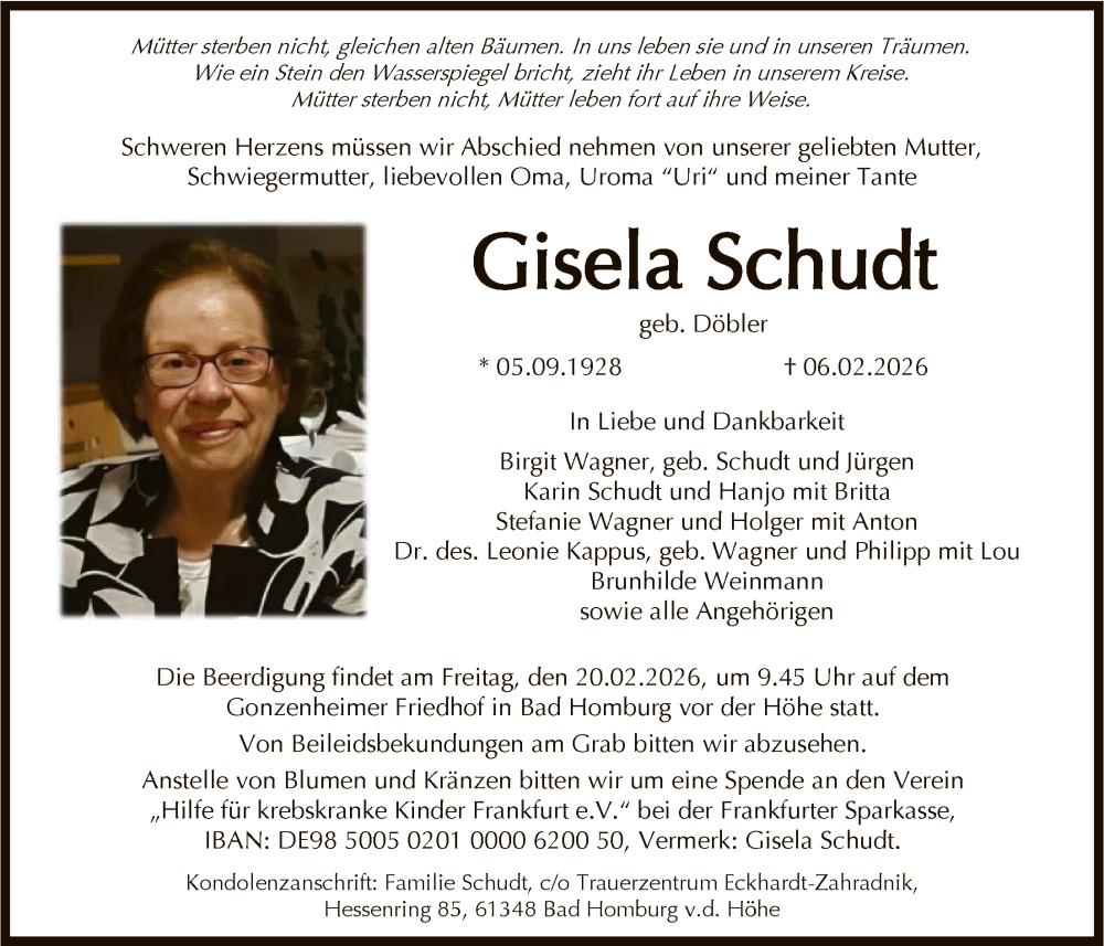  Traueranzeige für Gisela Schudt vom 14.02.2026 aus FNP