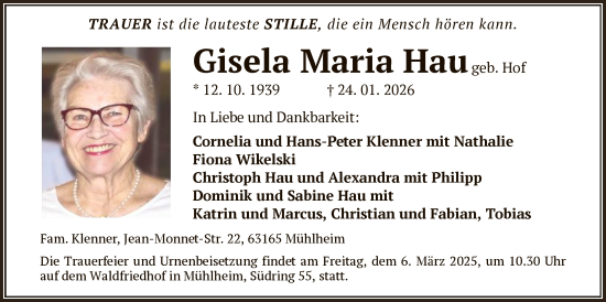 Traueranzeige von Gisela Maria Hau von OF0T