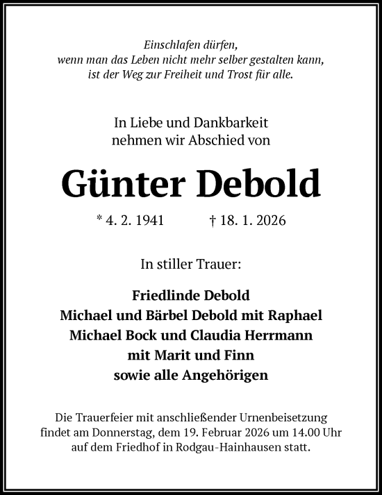 Traueranzeige von Günter Debold von OFOP