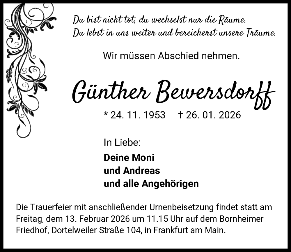 Traueranzeige für Günther Bewersdorff vom 07.02.2026 aus BOWO