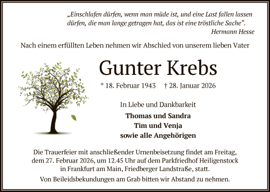 Traueranzeige von Gunter Krebs von OFOP
