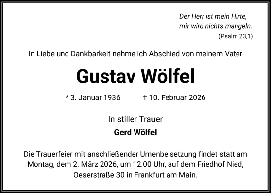 Traueranzeige von Gustav Wölfel von FNP