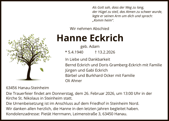 Traueranzeige von Hanne Eckrich von OFOP