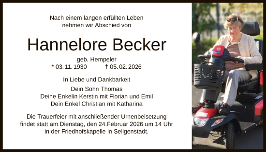 Traueranzeige von Hannelore Becker von OF0L