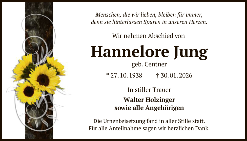  Traueranzeige für Hannelore Jung vom 14.02.2026 aus OFHA