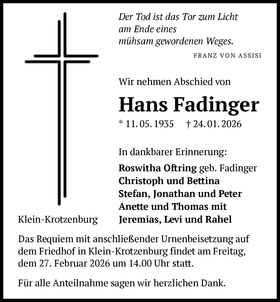  Traueranzeige für Hans Fadinger vom 21.02.2026 aus OF0L