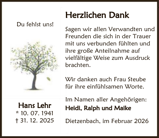 Traueranzeige von Hans Lehr von OFOP