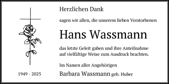 Traueranzeige von Hans Wassmann von OFHA