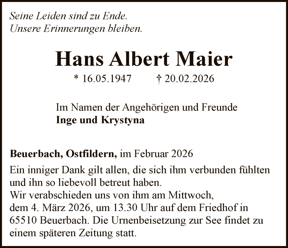  Traueranzeige für Hans Albert Maier vom 28.02.2026 aus FNP