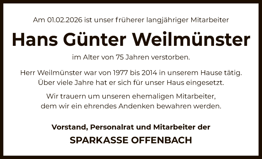  Traueranzeige für Hans Günter Weilmünster vom 11.02.2026 aus OFOP