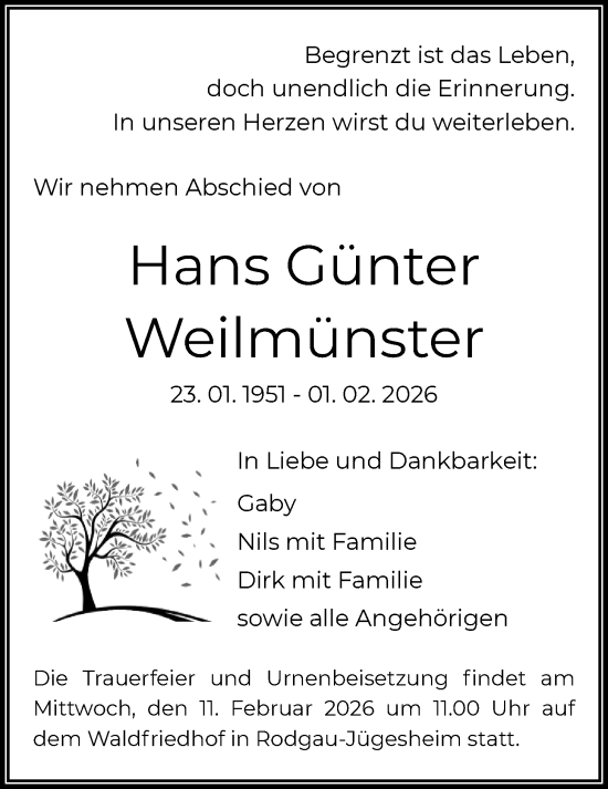 Traueranzeige von Hans Günter Weilmünster von OFOP