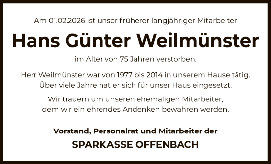 Traueranzeige von Hans Günter Weilmünster von OFOP