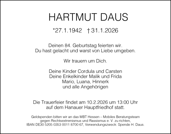 Traueranzeige von Hartmut Daus von OFHA