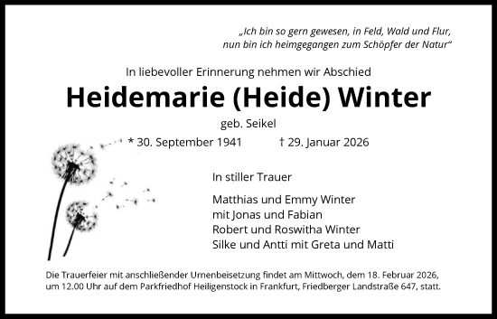 Traueranzeige von Heidemarie Winter von FNP