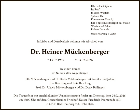 Traueranzeige von Heiner Mückenberger von FNP