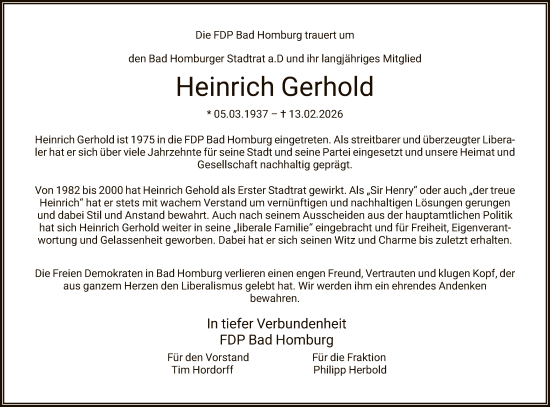 Traueranzeige von Heinrich Gerhold von FNP