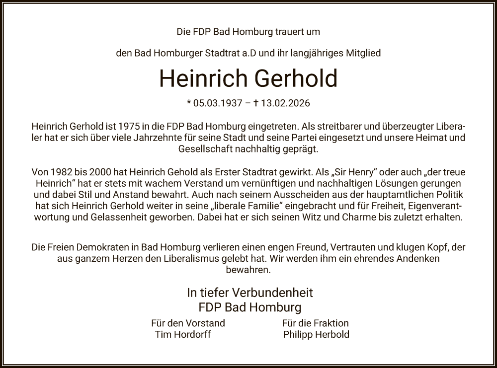  Traueranzeige für Heinrich Gerhold vom 21.02.2026 aus FNP