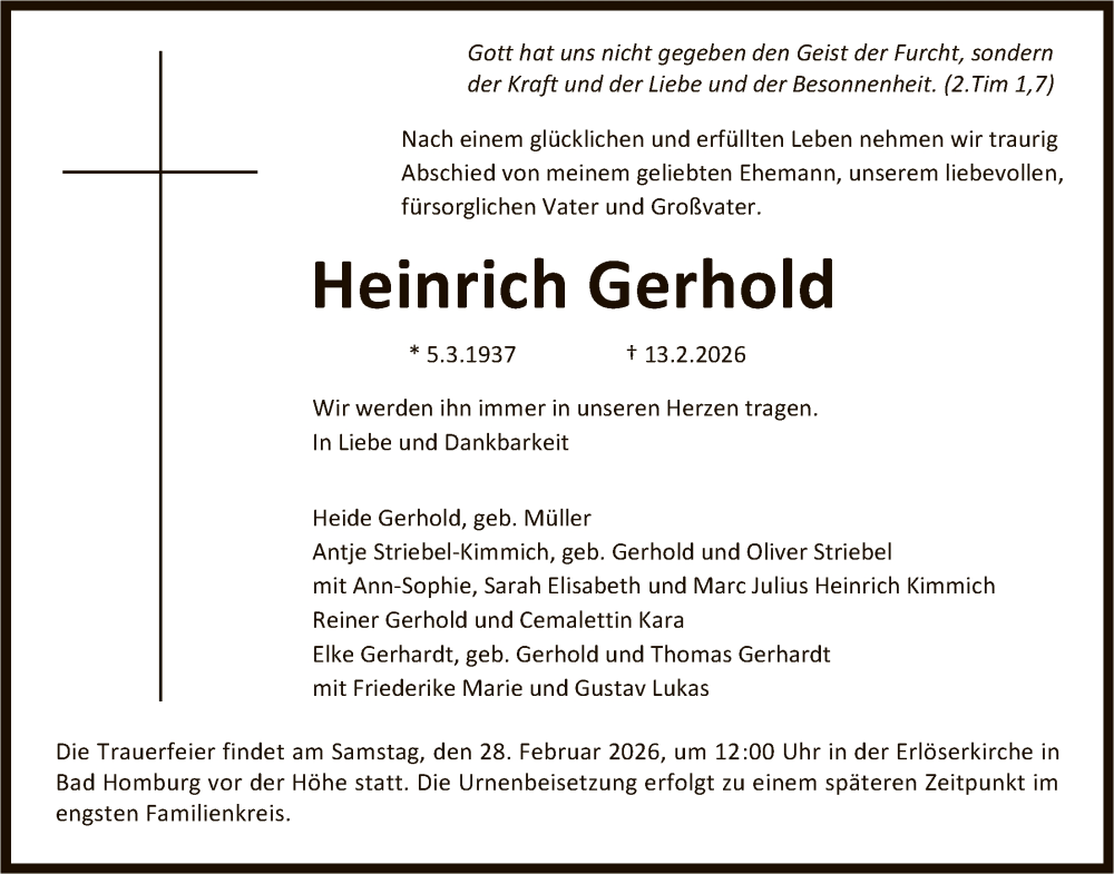  Traueranzeige für Heinrich Gerhold vom 21.02.2026 aus FNP