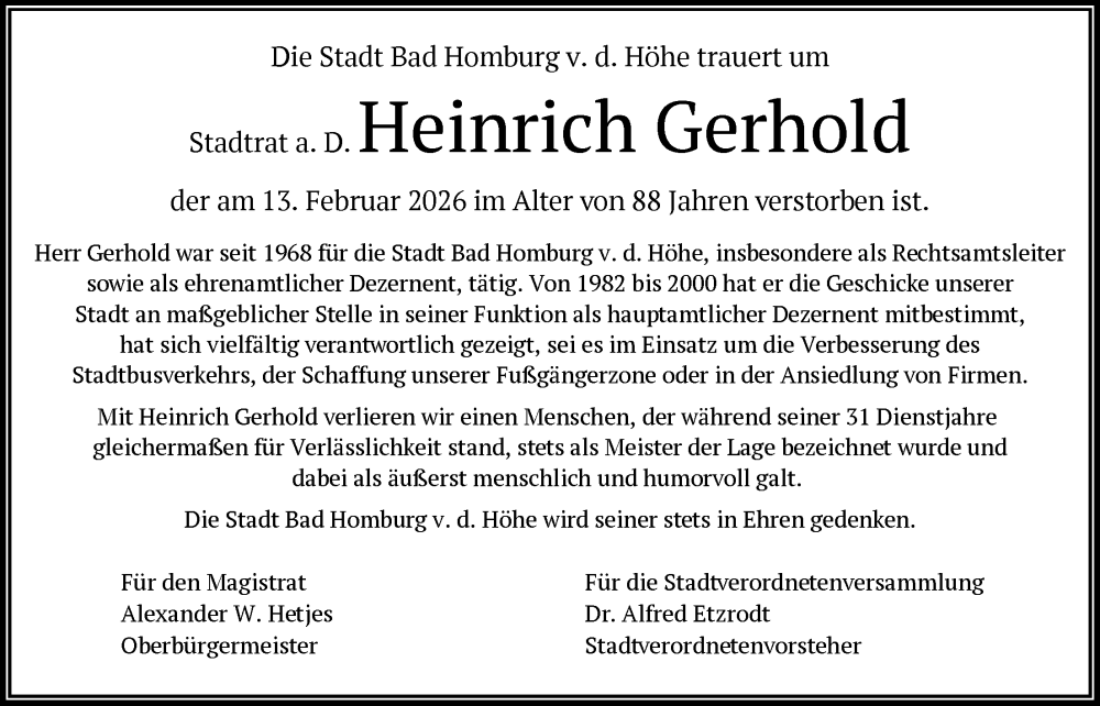  Traueranzeige für Heinrich Gerhold vom 21.02.2026 aus FNP