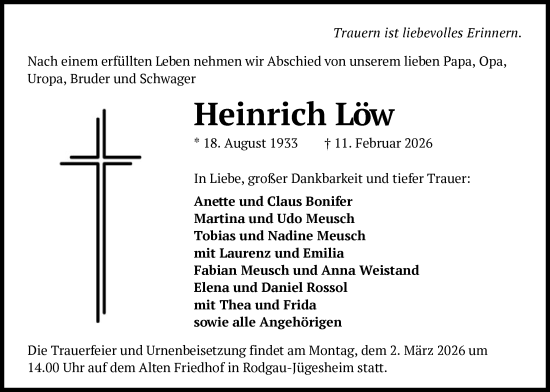 Traueranzeige von Heinrich Löw von OFOP