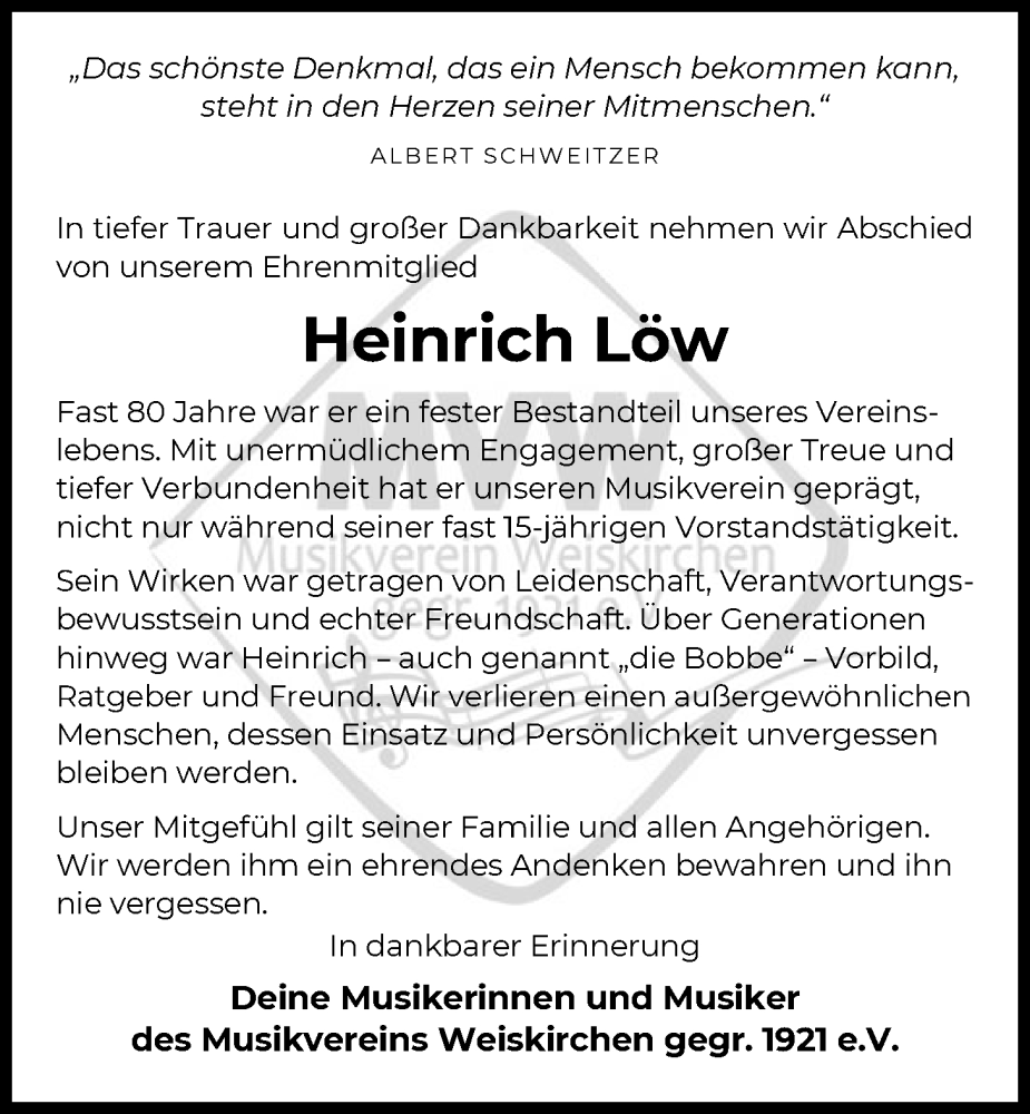  Traueranzeige für Heinrich Löw vom 21.02.2026 aus OFOP