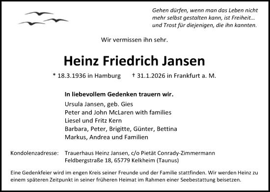 Traueranzeige von Heinz Friedrich Jansen von FNP