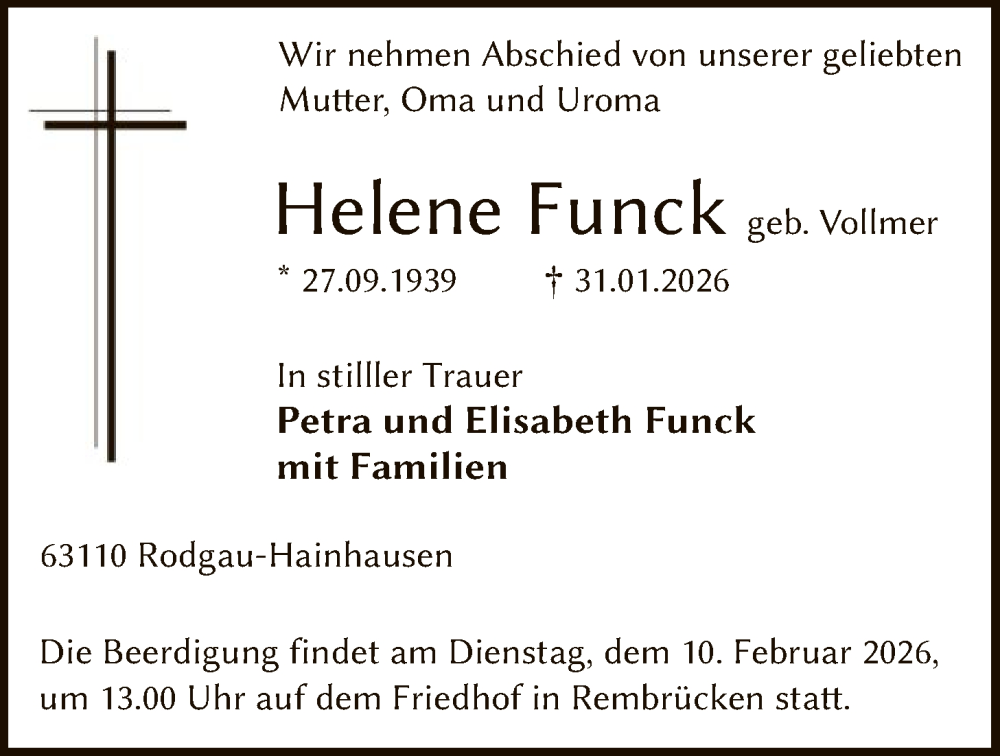  Traueranzeige für Helene Funck vom 07.02.2026 aus OFOP