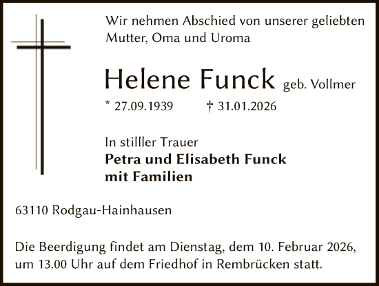 Traueranzeige von Helene Funck von OFOP