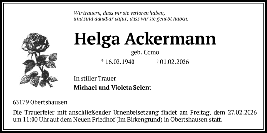Traueranzeige von Helga Ackermann von OF0T