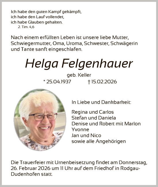 Traueranzeige von Helga Felgenhauer von OF0L