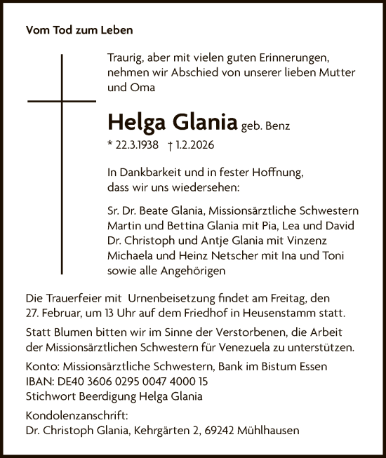 Traueranzeige von Helga Glania von OFOP