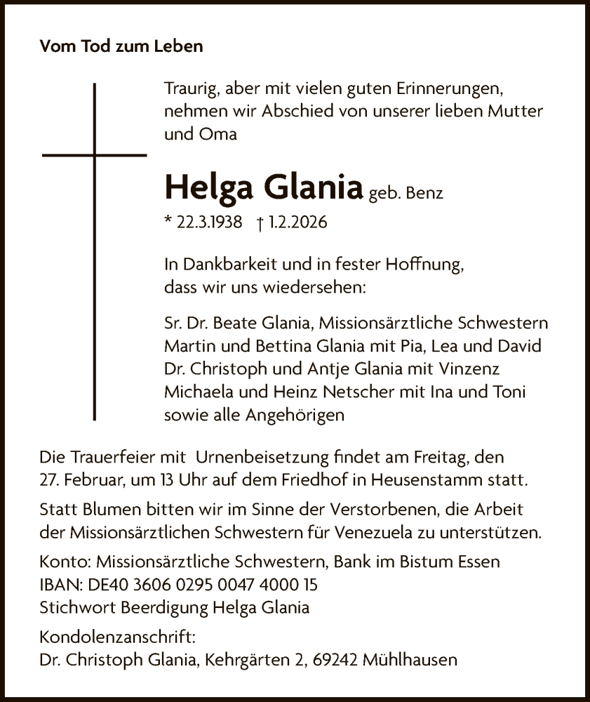 Traueranzeige für Helga Glania vom 14.02.2026 aus OFOP