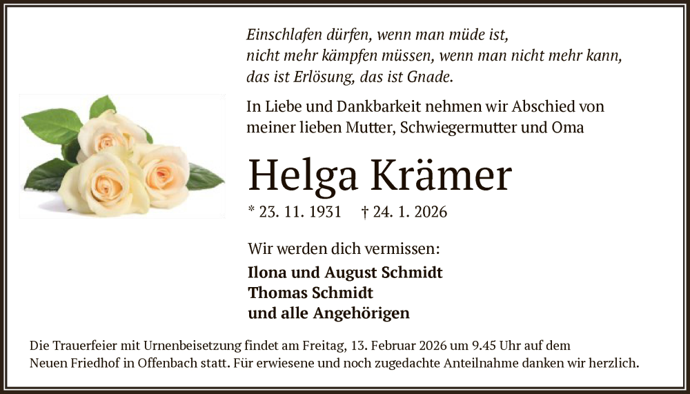  Traueranzeige für Helga Krämer vom 07.02.2026 aus OFOP