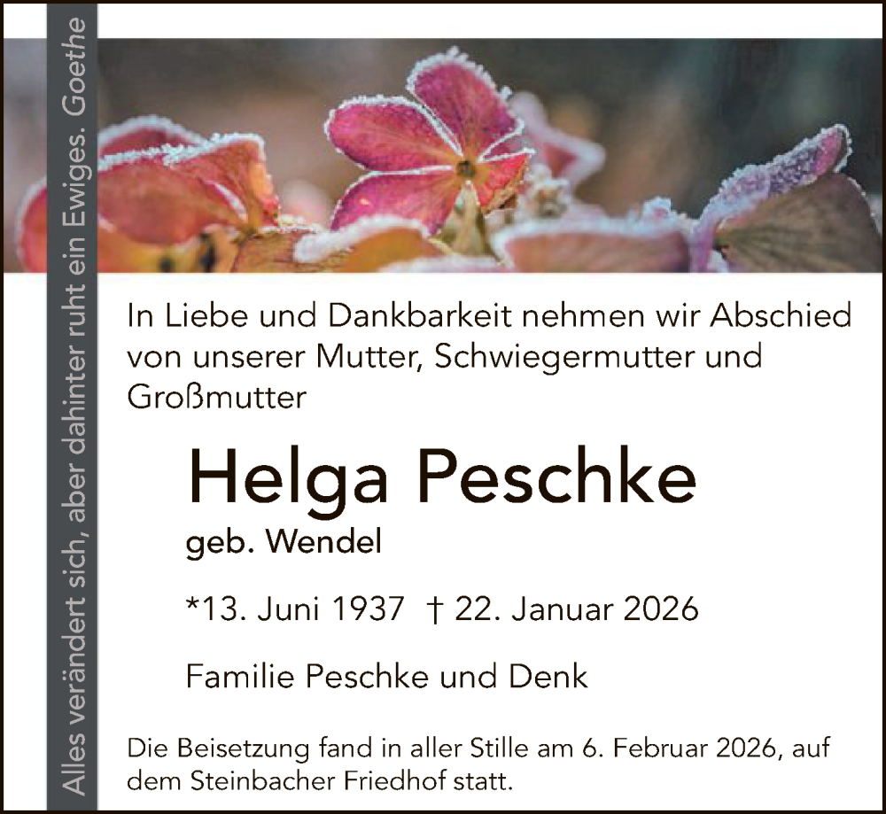  Traueranzeige für Helga Peschke vom 07.02.2026 aus FNP