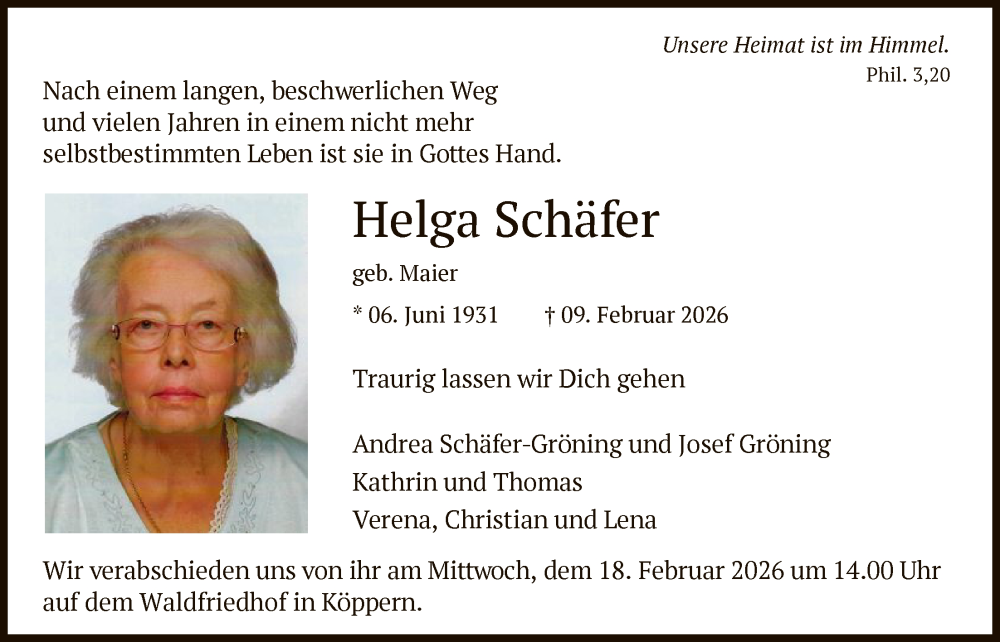  Traueranzeige für Helga Schäfer vom 14.02.2026 aus FNP