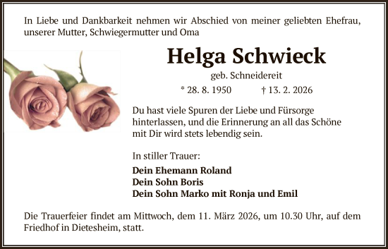 Traueranzeige von Helga Schwieck von OFOP