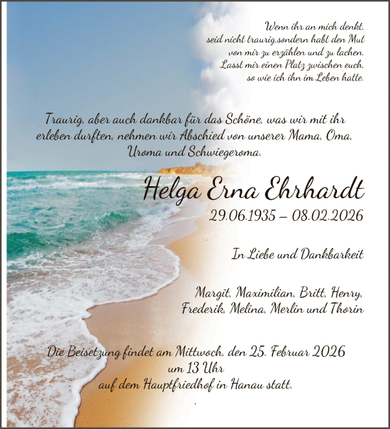 Traueranzeige von Helga Erna Ehrhardt von OFHA