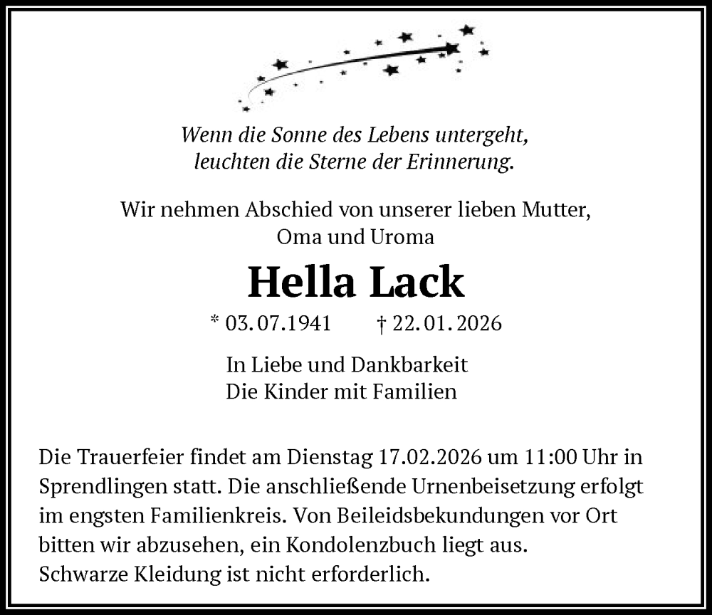  Traueranzeige für Hella Lack vom 14.02.2026 aus OF0W