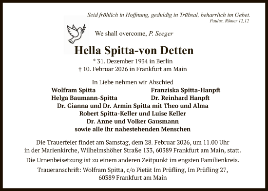 Traueranzeige von Hella Spitta-von Detten von FNP