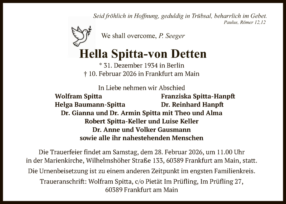  Traueranzeige für Hella Spitta-von Detten vom 21.02.2026 aus FNP