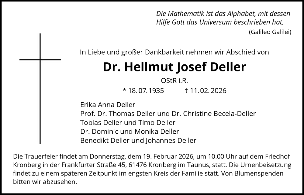  Traueranzeige für Hellmut Josef Deller vom 14.02.2026 aus FNP